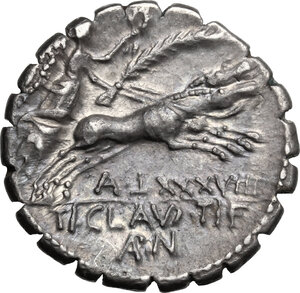 reverse: Ti. Claudius Ti. f. Ap. n. Nero.. Fourrée Denarius serratus, 79 BC