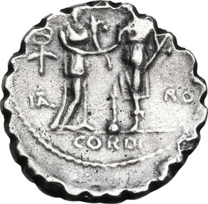 reverse: Q. Fufius Calenus and P. Mucius Scaevola.. AR Denarius serratus, 70 BC