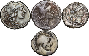 obverse: The Roman Republic. Multiple lot of four (4) AR coins: 3 Denarii (Cr. 233/1, 345/1 and 512/2) and 1 Denarius serratus (Cr. 282/3)