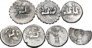 reverse: The Roman Republic. Multiple lot of seven (7) unclassified AR Denarii, including broken denarius of Mark Antony and Octavian (M. Barbatius Pollio)