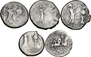 reverse: The Roman Republic. Multiple lot of five (5) AR coins: 4 Victoriati and Quinarius