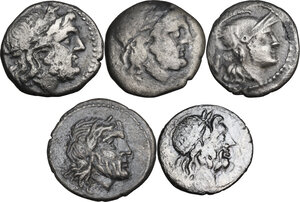 obverse: The Roman Republic. Multiple lot of five (5) AR coins: 4 Victoriati and Quinarius