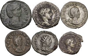obverse: The Roman Empire. Multiple lot of six (6) unclassified denominations, including 5 AR coins of Elagabalus, Salonina, Gordian III, Valerian and Herennia Etruscilla, and 1 AE Follis of Galeria Valeria