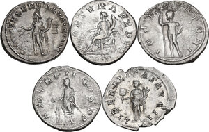reverse: The Roman Empire.. Multiple lot of five (5) unclassified AR Antoninianii