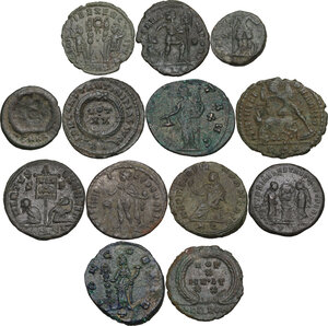 reverse: The Roman Empire.. Multiple lot of thirteen (13) AE denominations, including: Claudius II, Julian II, Licinius I, Constantius II, Theodosius and Honorius