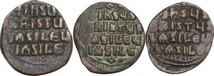 reverse: The Byzantine Empire.. Multiple lot of three (3) AE anonymous Folles, attributed to Constantine VIII and Basil II