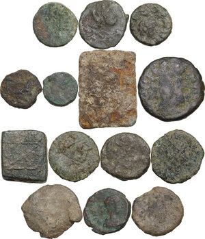 obverse: The Roman and Byzantine Empire.. Multiple lot of twelve (12) unclassified late Roman AE denominations and two (2) Byzantine AE  commercial weights.   [14 in total]