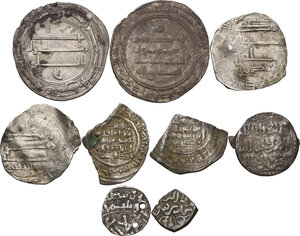 obverse: Islam. Multiple lot of nine (9) islamic AR coins, including (2) Abbasids AR Dirham unclassified, (2) Idrisids, Ibrahim bin al-Qassim, AR Dirham, al-Basra 250H (R) and Muhammad bin al-Qassim, AR Dirham, Tanja, date off (RR), (2) Hammudids of Malaga, AR fraction of Dirham from Sabta (Ceuta) mint, (2) Spanish Taifa kingdoms, AR fractional Dirham unclassified, (1) Islamic AR coin unclassified