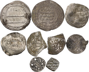reverse: Islam. Multiple lot of nine (9) islamic AR coins, including (2) Abbasids AR Dirham unclassified, (2) Idrisids, Ibrahim bin al-Qassim, AR Dirham, al-Basra 250H (R) and Muhammad bin al-Qassim, AR Dirham, Tanja, date off (RR), (2) Hammudids of Malaga, AR fraction of Dirham from Sabta (Ceuta) mint, (2) Spanish Taifa kingdoms, AR fractional Dirham unclassified, (1) Islamic AR coin unclassified