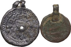 obverse: Islam. Lot of two (2) AE islamic coins used as amulet in form of pendants, both with suspension loop