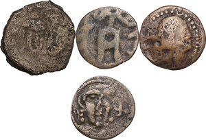 obverse: Sogdiana.. Multiple lot of four (4) AE coins, including Eastern Sogdiana, Samarqand, c. 600 AD. AE Unit, type with two busts / Tamgha (S. & K 5.1.1), Chach, Nirtanak, c. 700 AD. AE pashiz, type with bust facing / Tamgha (S. & K. 6.2, Zeno #20530), Chach, Tarnavch, c. 800 AD. AE cash, type with lion / Tamgha (S. & K 6.8), Chach, Unknown Ruler, c. 800 AD. AE Unit, type with bust right / Sogdian legend around Tamgha