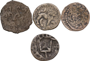 reverse: Sogdiana.. Multiple lot of four (4) AE coins, including Eastern Sogdiana, Samarqand, c. 600 AD. AE Unit, type with two busts / Tamgha (S. & K 5.1.1), Chach, Nirtanak, c. 700 AD. AE pashiz, type with bust facing / Tamgha (S. & K. 6.2, Zeno #20530), Chach, Tarnavch, c. 800 AD. AE cash, type with lion / Tamgha (S. & K 6.8), Chach, Unknown Ruler, c. 800 AD. AE Unit, type with bust right / Sogdian legend around Tamgha
