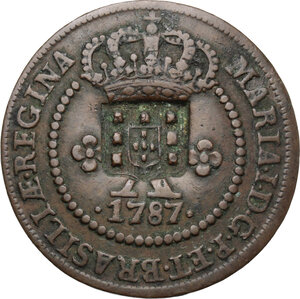 obverse: Brazil.  Countermarked coinage.. AE 20 Reis nd. (1809) with countermark shield on 10 Reis 1787 of Maria I (1786-1805)