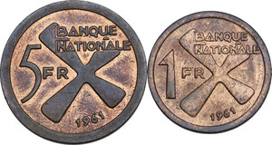 reverse: Congo. Katanga. Lot of two (2) AE coins, 1 and 5 Francs 1961
