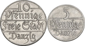 reverse: Danzig.  Free city. CU-NI 10 Pfennig and 5 Pfennig 1923
