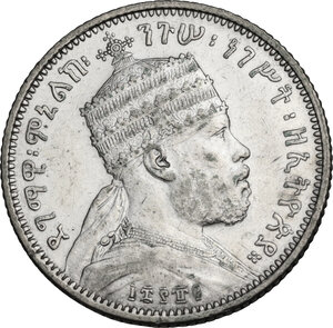 obverse: Ethiopia.  Menelik II (1889-1913). AR 1/4 birr 1889 A, Paris mint