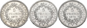 obverse: France.  Third republic (1870-1940).. Lot of three (3) AR 5 Francs 1873 A, Paris mint