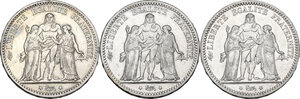 reverse: France.  Third republic (1870-1940).. Lot of three (3) AR 5 Francs 1873 A, Paris mint