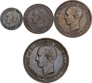 obverse: Greece.  George I (1863-1913). . Lot of four (4) AE coins: 10 Lepta, 5 Lepta, 2 Lepta and Lepton 1869 BB