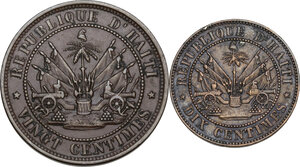 reverse: Haiti. Lot of two (2) AE coins, 10 and 20 Centimes 1863