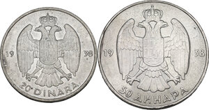 reverse: Jugoslavia.  Peter II (1934-1945). AR 50 and 20 Dinara 1938