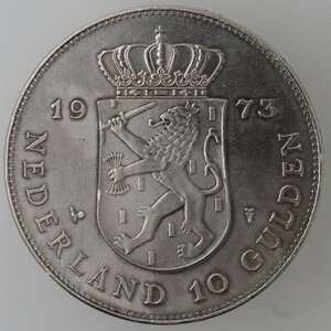reverse: Olanda. Giuliana. 1948-1980. 10 Gulden 1973. Ag. 720. 