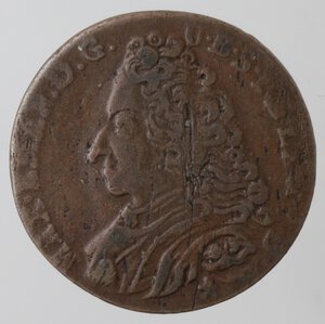 obverse: Paesi Bassi spagnoli. Massimiliano Emanuele di Baviera. Liard 1713. Ae. 