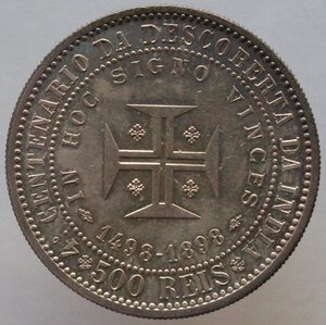 reverse: Portogallo. Carlo I. 1889-1908. 500 Reis 1898 per i 400 anni della scoperta dell India. Ag. 