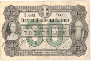 obverse: Banconote. Banca Agricola Sarda. 30 Lire. Decreto 01 Gennaio 1878. qBB. Strappetti e pieghe. Stampata sulla carta del 50 Lire. R. 