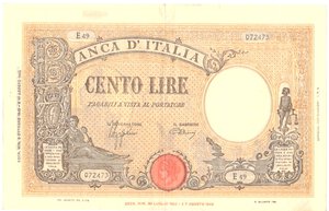 obverse: Banconote. Repubblica Sociale Italiana. 100 lire Grande B. (B.I.) Dec.Min. 8 Ottobre 1943. 