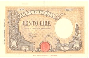 obverse: Banconote. Repubblica Sociale Italiana. 100 lire Grande B. (B.I.) Dec.Min. 8 Ottobre 1943. 