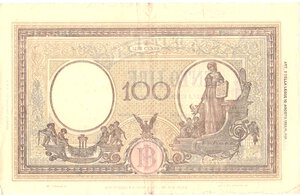 reverse: Banconote. Repubblica Sociale Italiana. 100 lire Grande B. (B.I.) Dec.Min. 8 Ottobre 1943. 