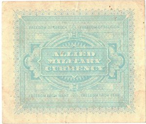 reverse: Banconote. Occupazione americana in Italia. 5 am lire. 1943. Rif. Gig AM 3A. Monolingua BEP. 