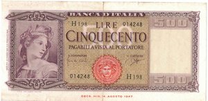 obverse: Banconote. Repubblica Italiana. 500 Lire Italia. Dec. Min. 23 Marzo 1961. 
