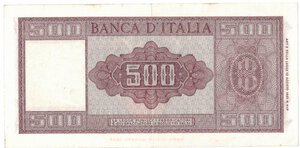 reverse: Banconote. Repubblica Italiana. 500 Lire Italia. Dec. Min. 23 Marzo 1961. 