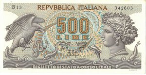 obverse: Banconote. Repubblica Italiana. 500 Lire Aretusa. D.M. 20/06/1966. 