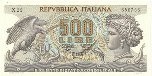 obverse: Banconote. Repubblica Italiana. 500 Lire Aretusa. D.M. 23/02/1970. 