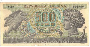 obverse: Banconote. Repubblica Italiana. 500 Lire Aretusa. Falso D epoca con Annullo. 