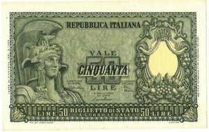 obverse: Banconote. Repubblica Italiana. 50 Lire Italia Elmata. 31/12/1951. 
