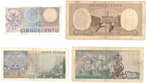 reverse: Banconote. Repubblica Italiana. Lotto di 4 banconote. 10.000 Lire Michelangelo. 5.000 Lire Colombo 2° tipo, 2.000 Lire Galileo e 500 Lire Mercurio. 