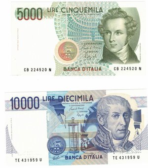 obverse: Banconote. Repubblica Italiana. Lotto di 2 banconote. 10.000 Lire Alessandro Volta e 5.000 Lire Bellini. 
