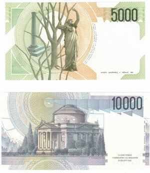 reverse: Banconote. Repubblica Italiana. Lotto di 2 banconote. 10.000 Lire Alessandro Volta e 5.000 Lire Bellini. 