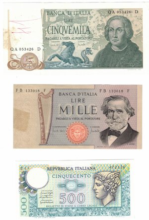 obverse: Banconote. Repubblica Italiana. Lotto di 3 banconote. 5.000 Lire Colombo II° Tipo, 1.000 Lire Verdi II° Tipo e 500 Lire Mercurio.