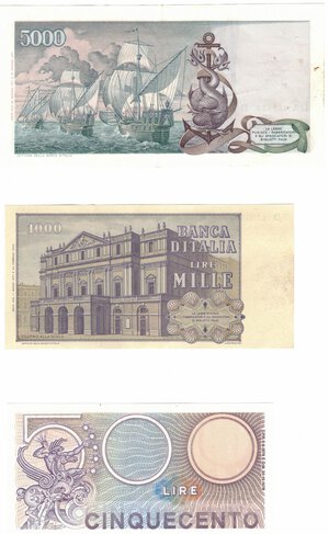 reverse: Banconote. Repubblica Italiana. Lotto di 3 banconote. 5.000 Lire Colombo II° Tipo, 1.000 Lire Verdi II° Tipo e 500 Lire Mercurio.