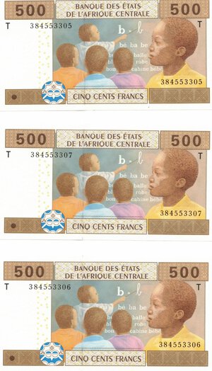 obverse: Banconote. Estere. Stati Africa Centrale. 500 Franchi 2002. Lotto di 3 pezzi consecutivi. 