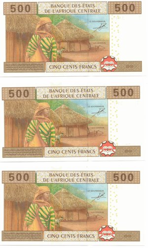reverse: Banconote. Estere. Stati Africa Centrale. 500 Franchi 2002. Lotto di 3 pezzi consecutivi. 