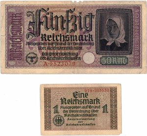 obverse: Banconote. Estere. Germania. Seconda guerra mondiale. Biglietti circolanti in Italia. 50 Reichmarks e 1 Reichmark. Mediamente MB+. Tagli e pieghe.