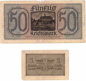 reverse: Banconote. Estere. Germania. Seconda guerra mondiale. Biglietti circolanti in Italia. 50 Reichmarks e 1 Reichmark. Mediamente MB+. Tagli e pieghe.