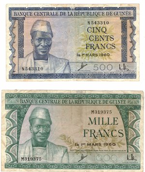 obverse: Banconote. Estere. Guinea. Lotto di 2 pezzi, 1000 e 500 Franchi 1960. 
