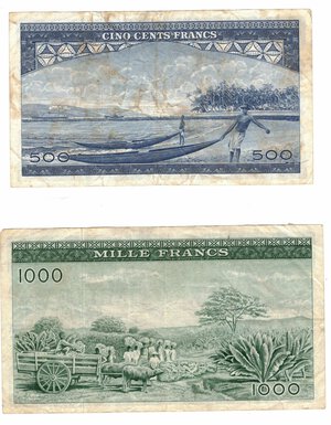 reverse: Banconote. Estere. Guinea. Lotto di 2 pezzi, 1000 e 500 Franchi 1960. 